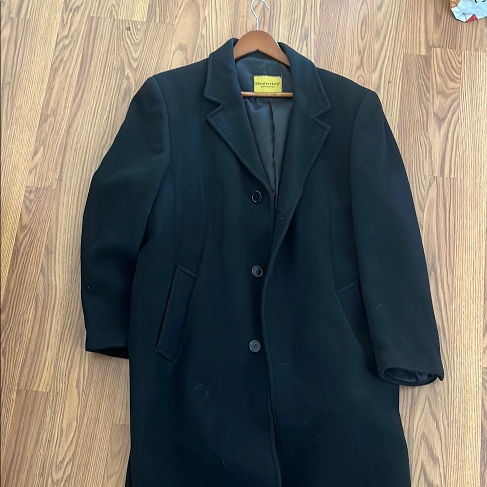 Black Trench Coat with Notched Lapel and Wool Blend